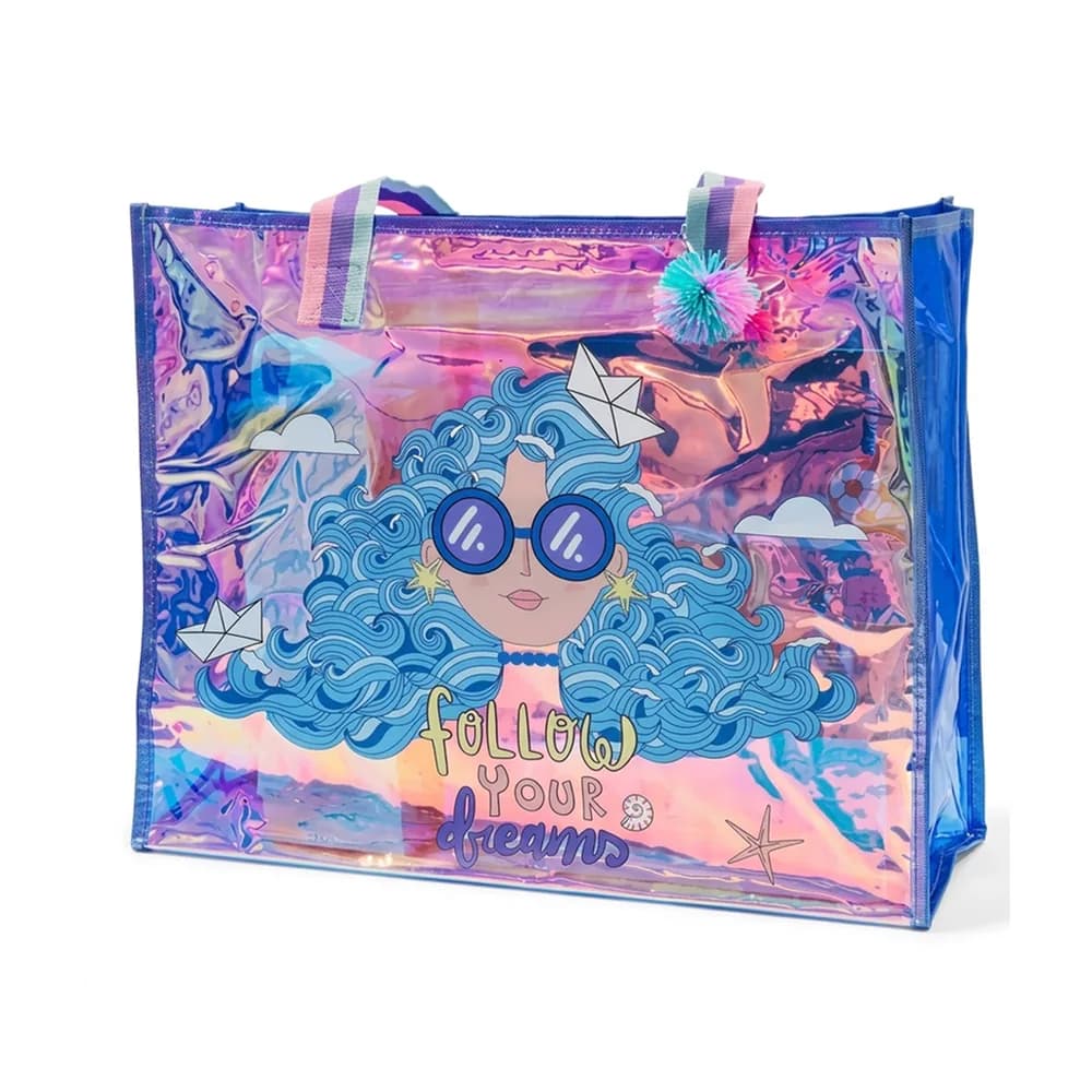 Blue holographic tote bag with a girl in sunglasses with wavy blue hair and the words Follow your dreams