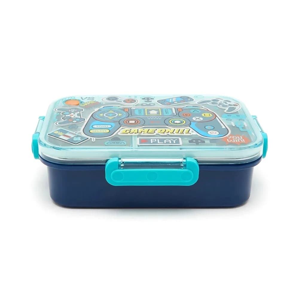 Navy bento lunch box with a clear turquoise lid printed with game controllers, and turquoise latches
