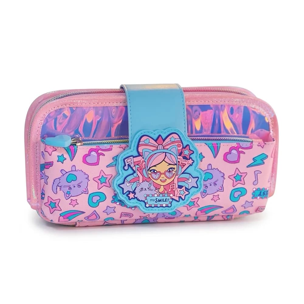 Pink holographic pencil case with a patch of a girl in glasses and a bow on the blue flap