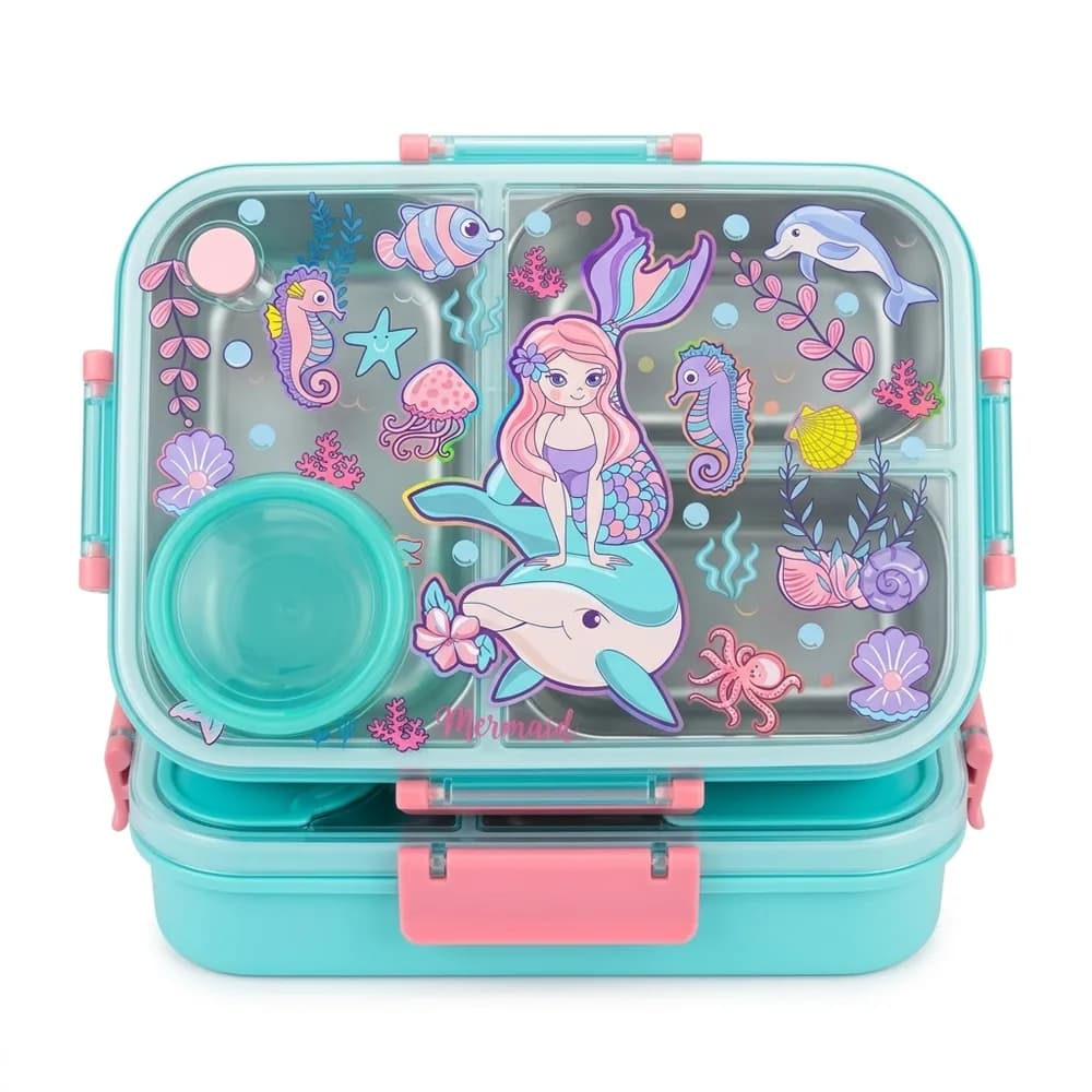 Turquoise bento lunch box with a mermaid riding a dolphin on the lid, coral latches and a round snack pot