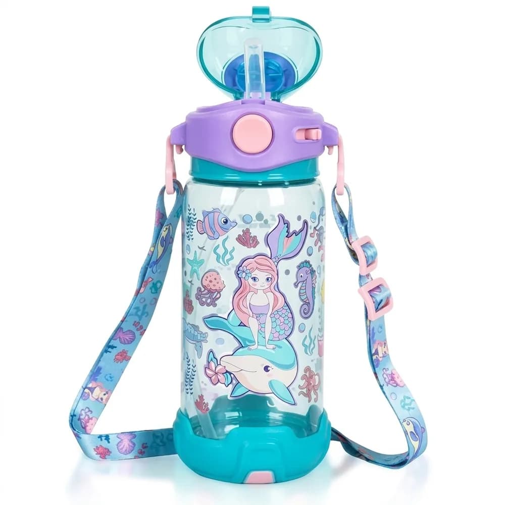 Clear water bottle with a mermaid and a dolphin, a lilac flip-up straw lid, a turquoise base and a shoulder strap