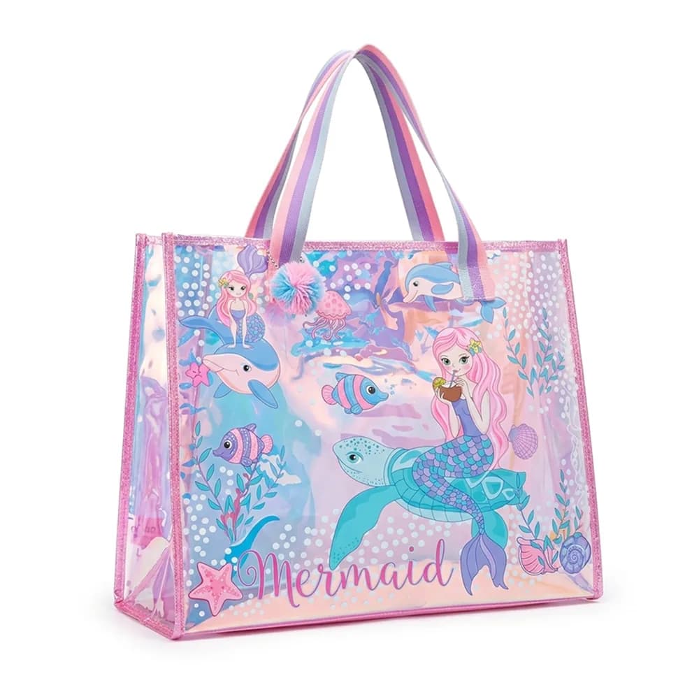 Clear pink holographic tote bag with mermaids, dolphins and the word Mermaid, and pastel handles