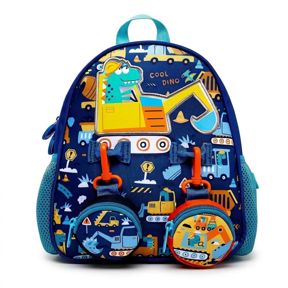 Navy backpack with a dinosaur driving a yellow digger, and two round digger coin pouches clipped on with orange clips