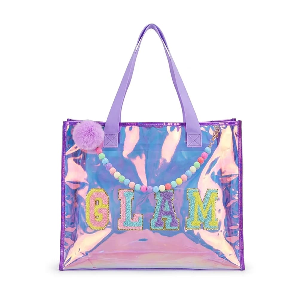 Purple holographic tote bag with the word GLAM in glitter letters, a bead strap and a pom-pom