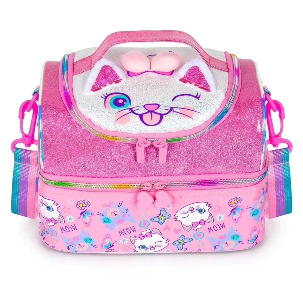 Two-deck pink glitter lunch bag with a fluffy winking kitty face on the lid and a kitty print below