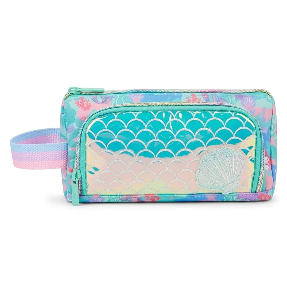 Turquoise pencil case with a shimmering mermaid-scale front pocket, a seashell and a pastel handle