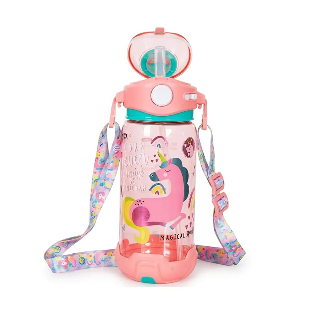 Clear pink water bottle with a unicorn, a flip-up straw lid and a printed shoulder strap