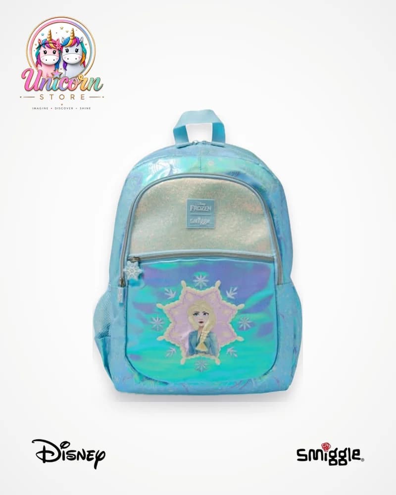 Icy blue Disney Frozen backpack by Smiggle with an Elsa patch