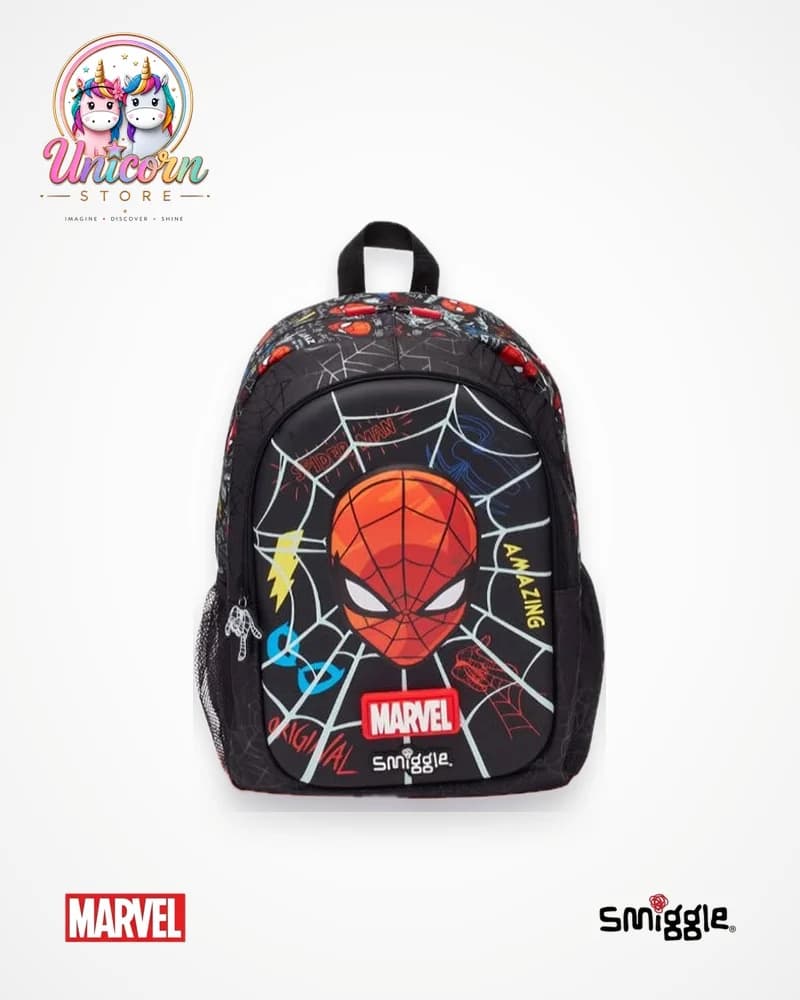 Black Marvel Spider-Man backpack by Smiggle with a web print