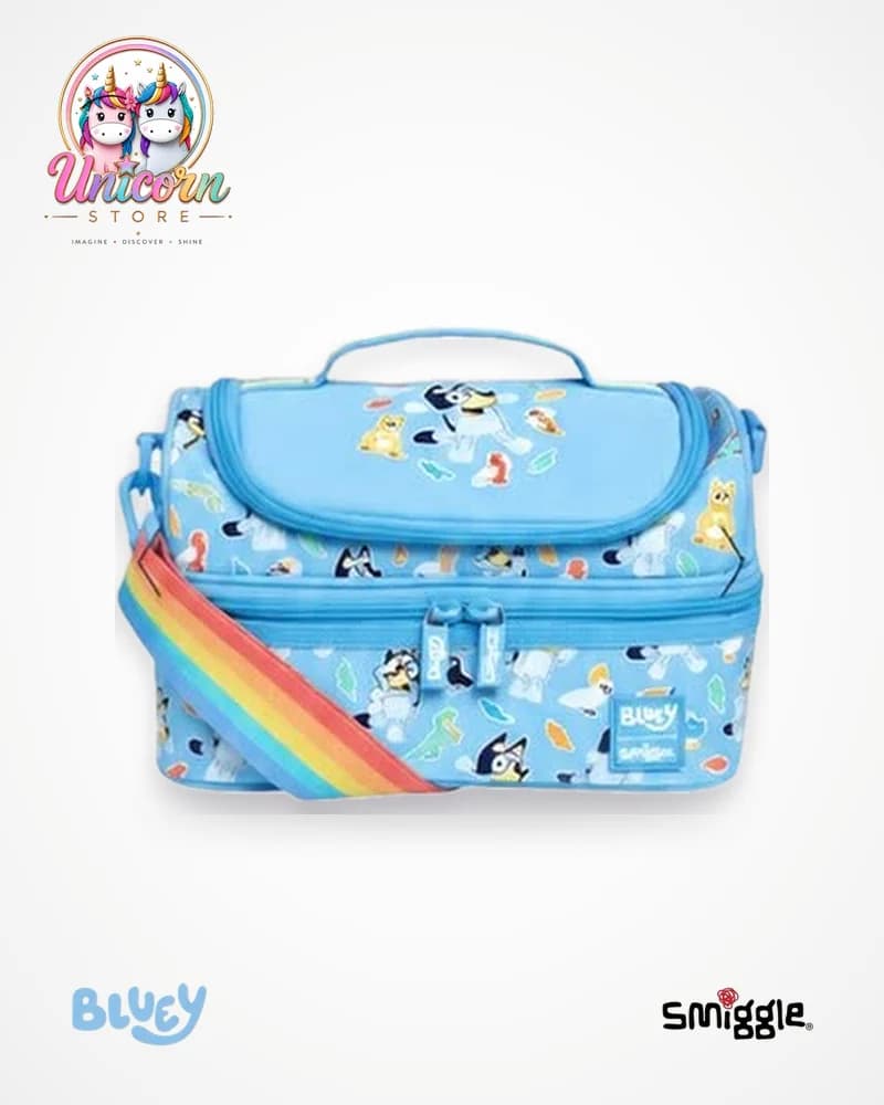 Blue Bluey two-deck lunch bag by Smiggle with a rainbow strap
