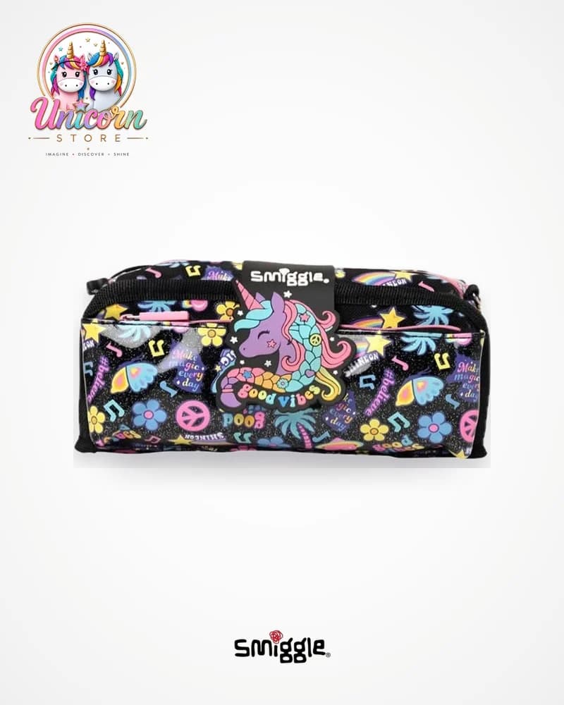 Black Smiggle pencil case with a neon unicorn print