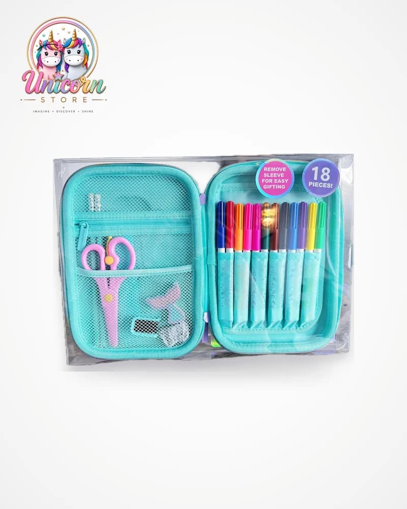 Teal zip-up pencil case kit, open, with 18 pieces: felt pens, scissors, sharpener and eraser