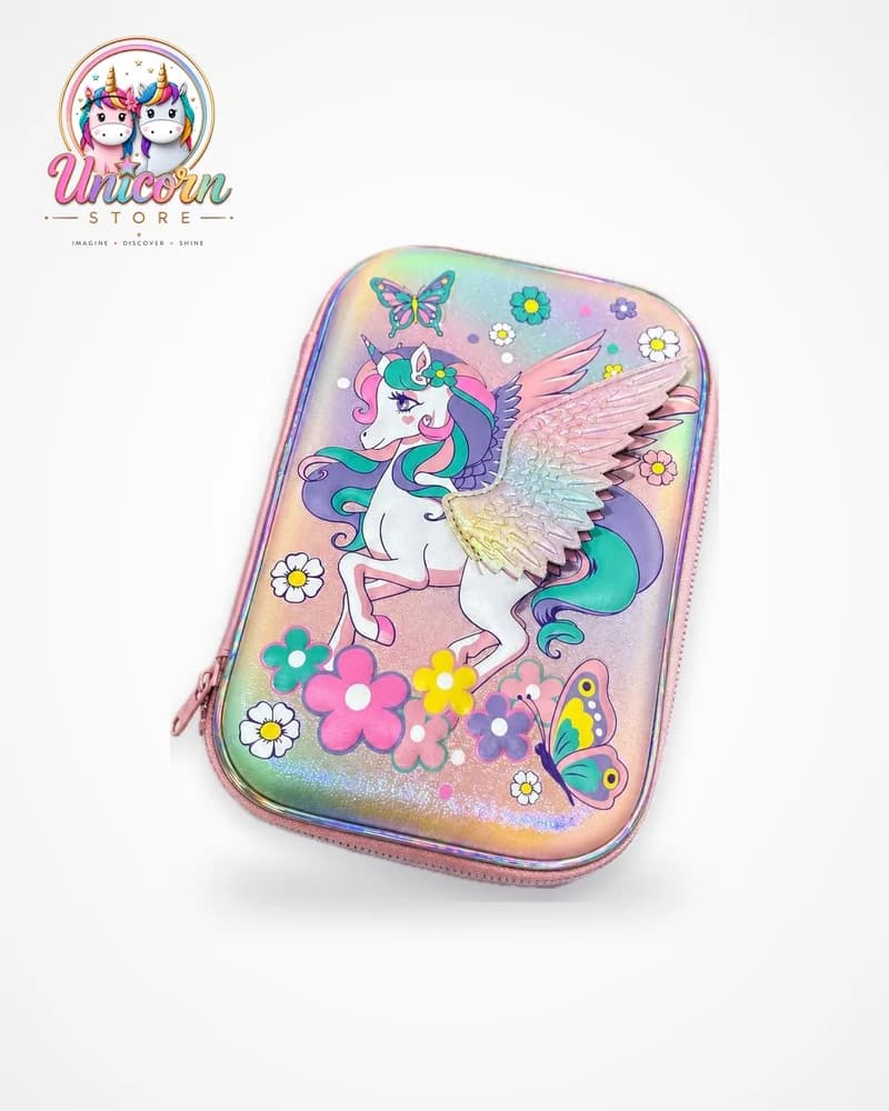 Holographic hard-shell pencil case with a winged unicorn, flowers and butterflies